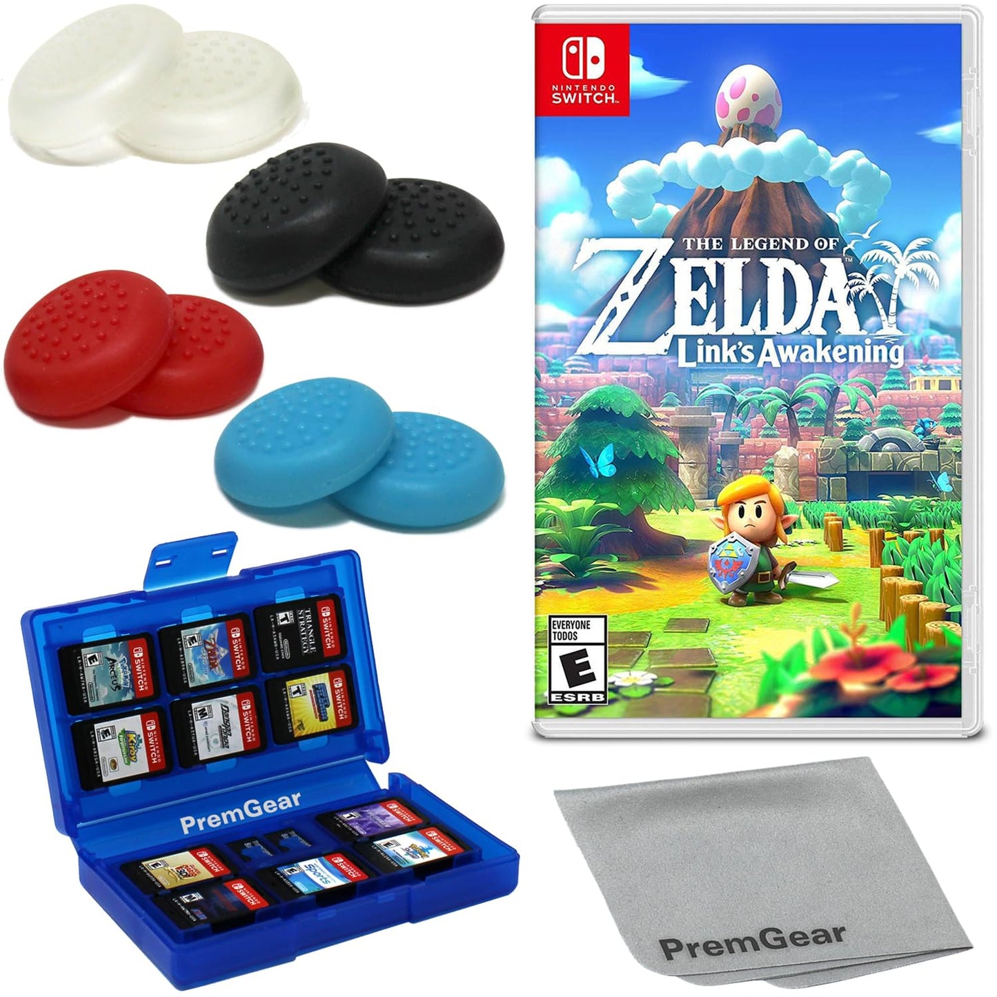 The Legend of Zelda: Links Awakening for Nintendo Switch (US Version)  with PremGear Thumb Grips (8 pack - Black  Blue  Red & Clear)  24 Slot Game Card Holder & Cleaning Cloth