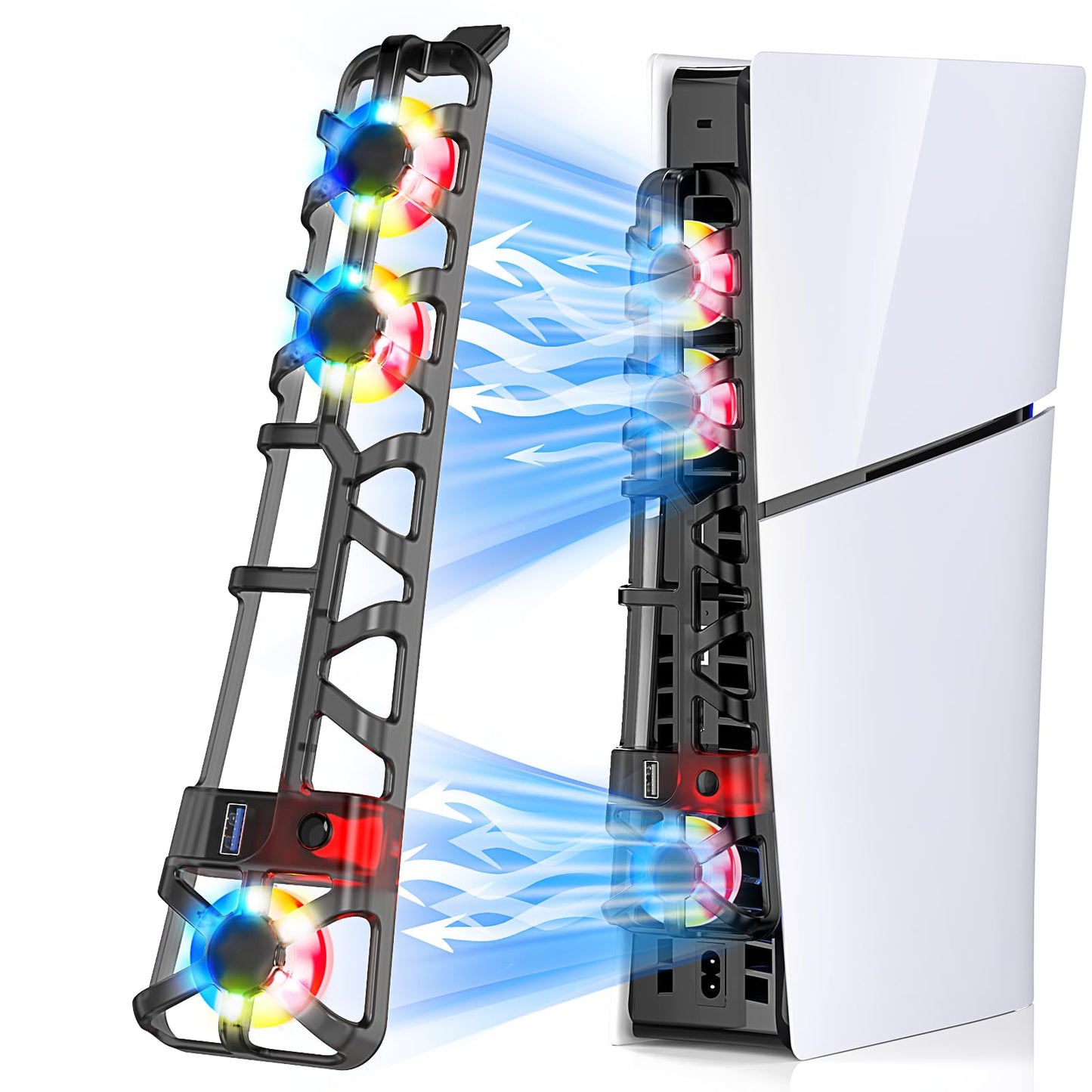 Klipdasse PS5 Slim Cooling Fan with RGB Light, Temperature Control, USB 3.0 Hub - Efficient & Quiet for PS5 Slim Disc/Digital