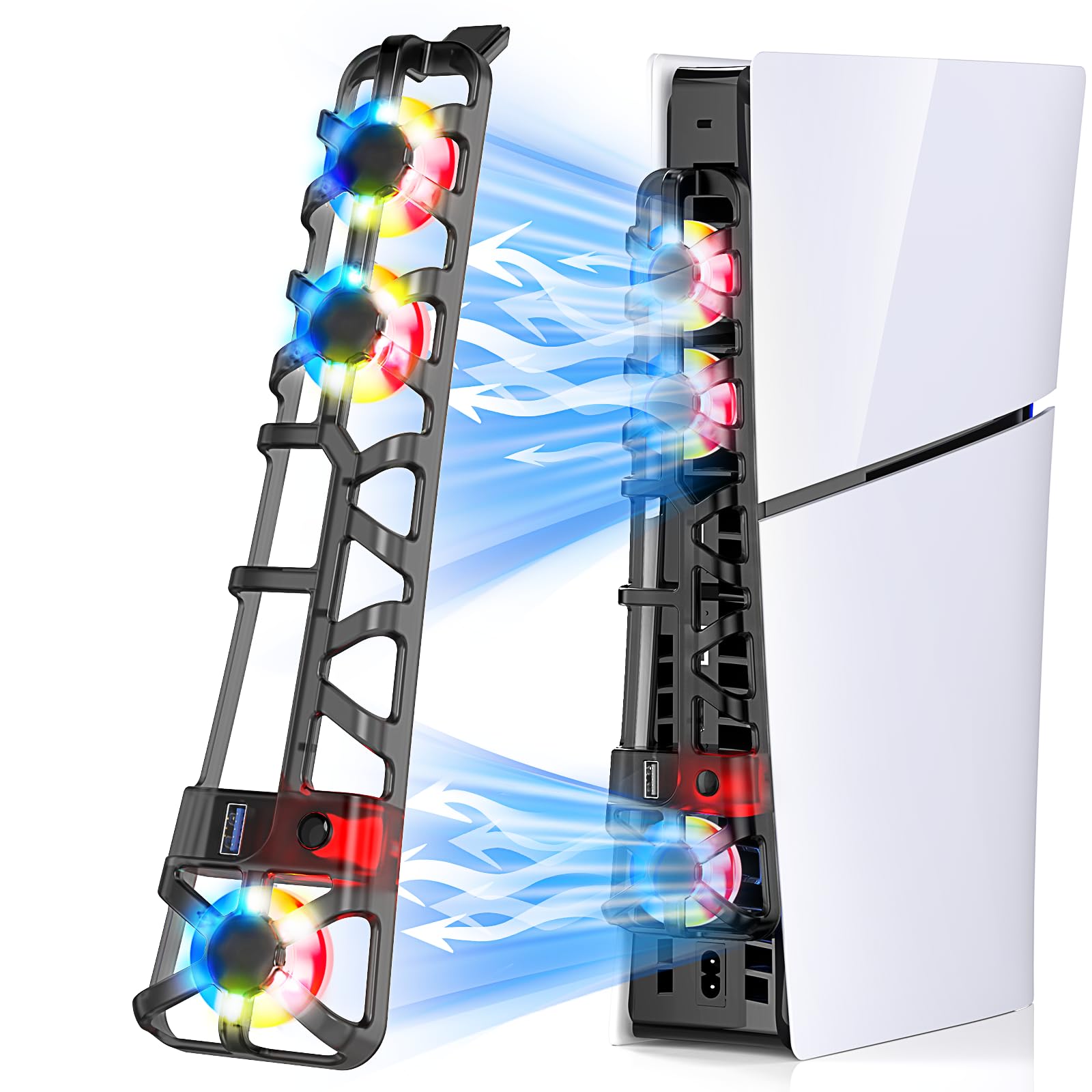 Klipdasse PS5 Slim Cooling Fan with RGB Light, Temperature Control, USB 3.0 Hub - Efficient & Quiet for PS5 Slim Disc/Digital