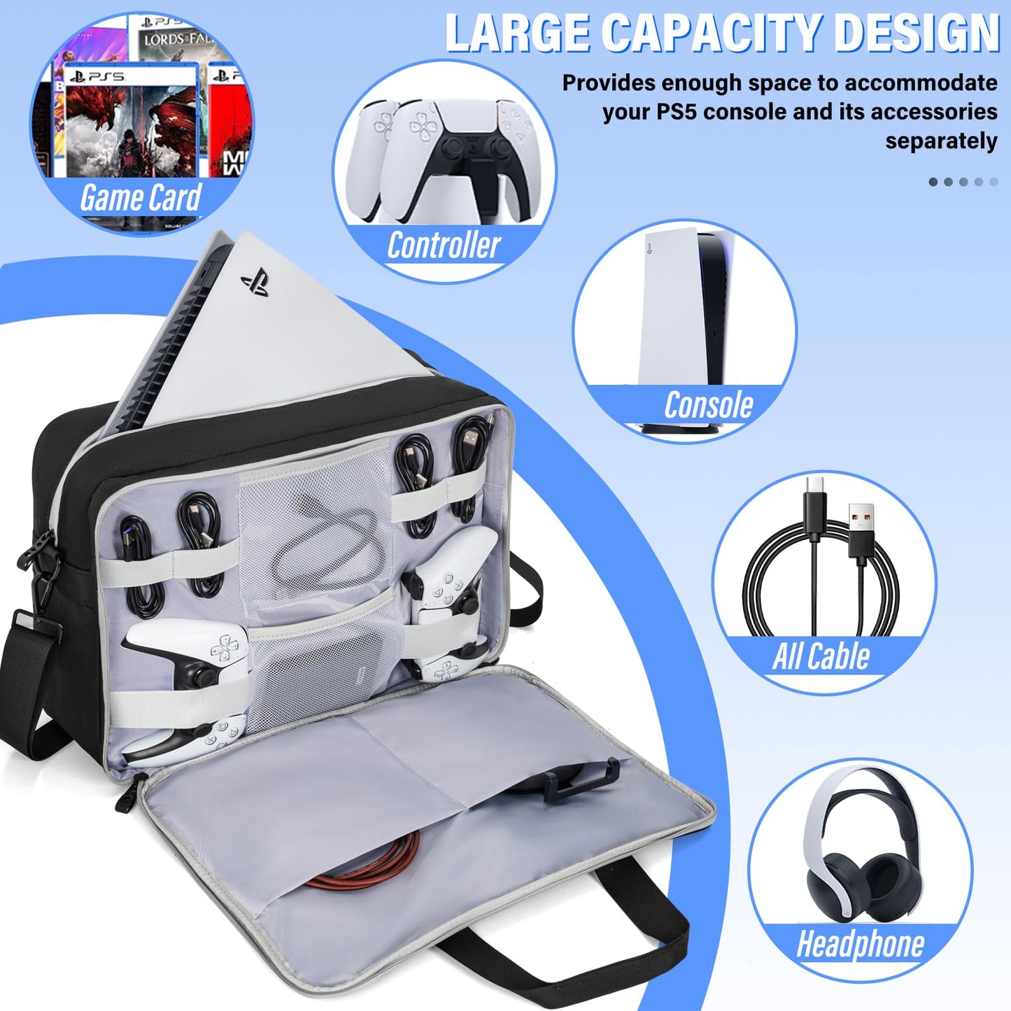 AKOZLIN PS5 Padded Travel Bag - Large Capacity for Console, Monitor, Headset, Charger - Dark Grey