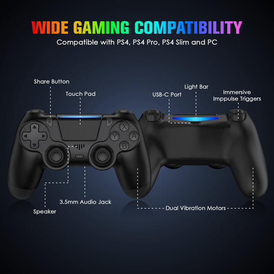 Fisherg 2 Pack Wireless Controllers with Charging Dock for PS4 - Black