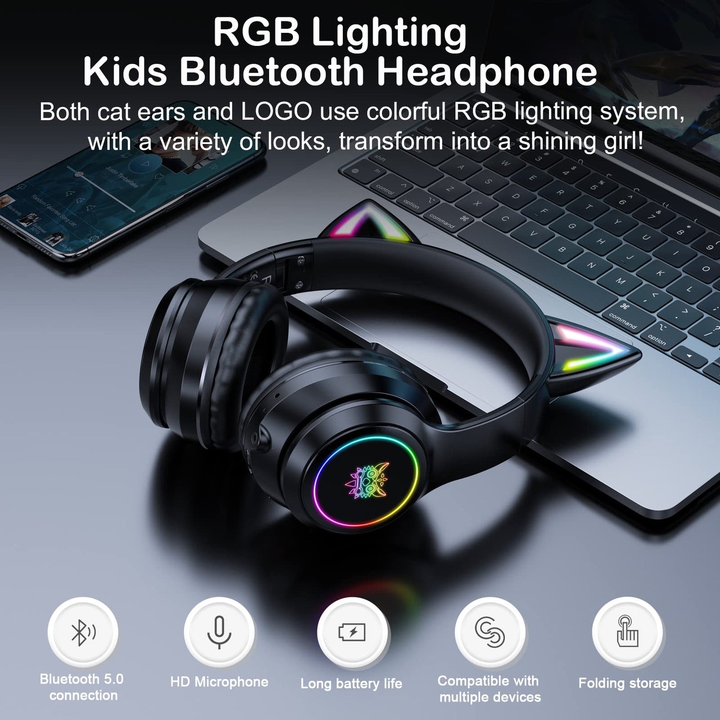 SIMGAL Bluetooth Cat Ear Headphones, Wireless/Wired, Foldable, Kids Size, Black, Model B90, RGB LED Light, Clear Sound Quality