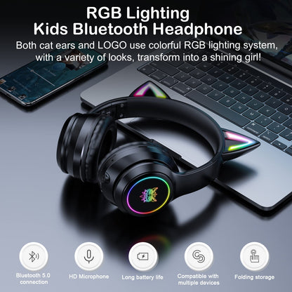 SIMGAL Bluetooth Cat Ear Headphones, Wireless/Wired, Foldable, Kids Size, Black, Model B90, RGB LED Light, Clear Sound Quality