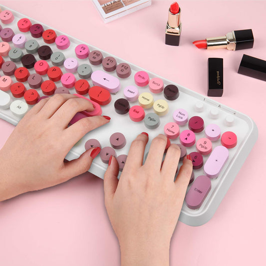 LETTON Wireless Keyboard Mouse Combo - Retro Typewriter Style, 2.4GHz, Full Size, Colorful Round Keys, White Pink