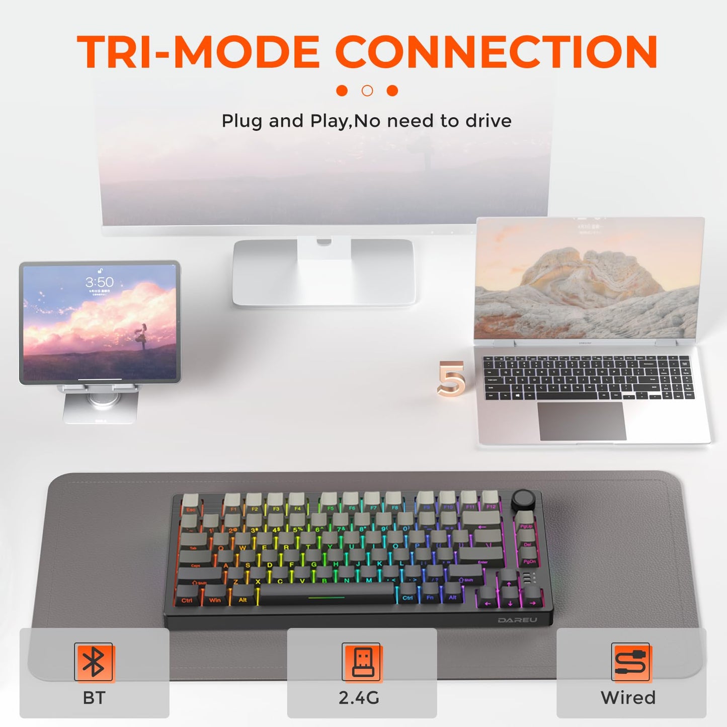 DAREU EK75PRO Wireless Gaming Keyboard, 75% RGB, Hot-Swappable, Sky V3 Switch, Side Printed-Cloudy Aqua, Gasket Mount, USB-C/BT5