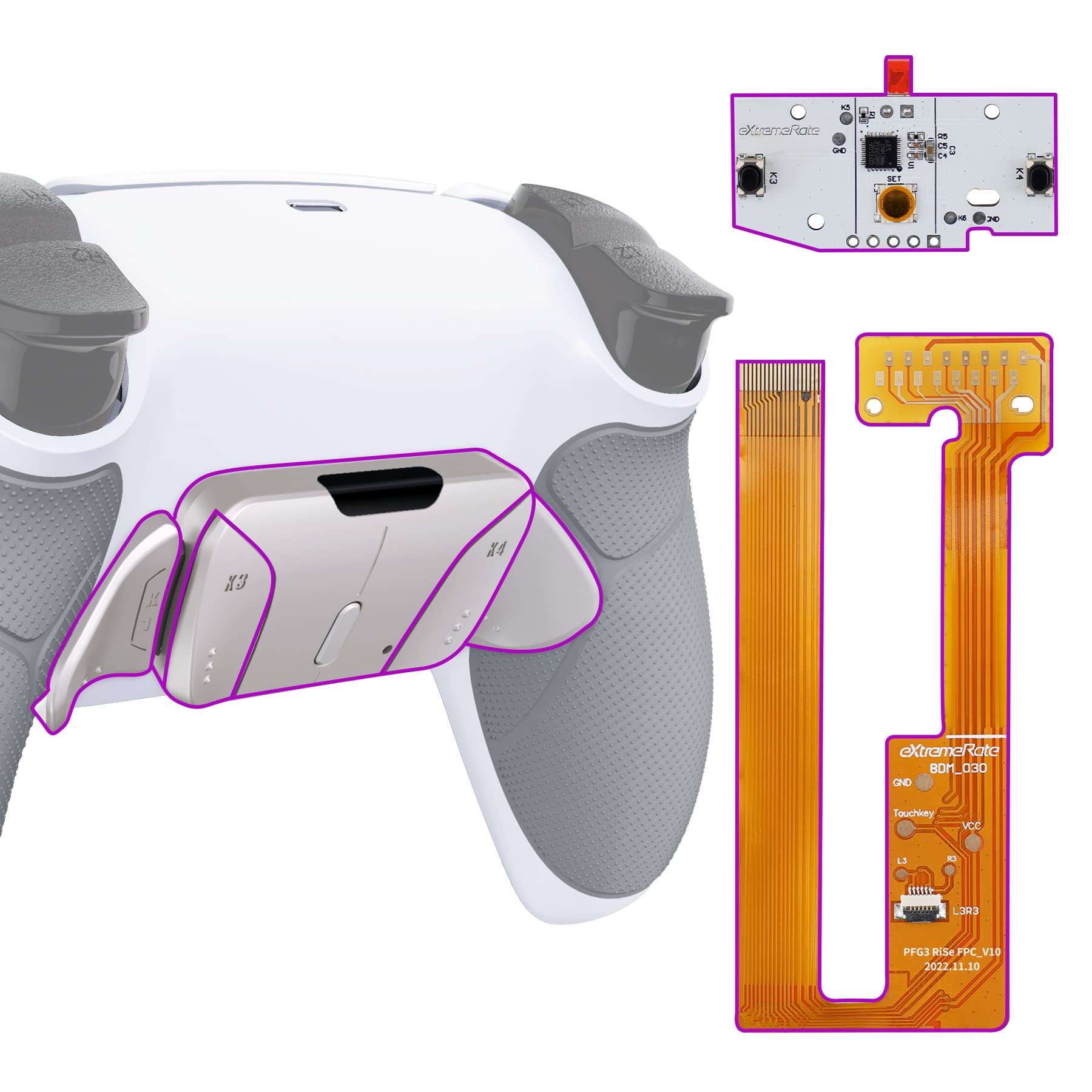eXtremeRate Silver Real Metal Buttons (RMB) Ver RISE4 Remap Kit for PS5 Controller BDM-030 040 050  Gray Rubberized Grip White Redesigned Back Shell  Upgrade Board & 4 Back Buttons for PS5 Controller