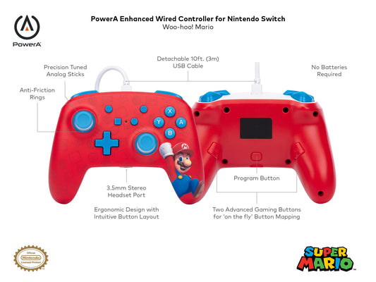 PowerA Enhanced Wired Controller for Nintendo Switch - Woo-hoo! Mario Gamepad, Officially Licensed, Wired Controller