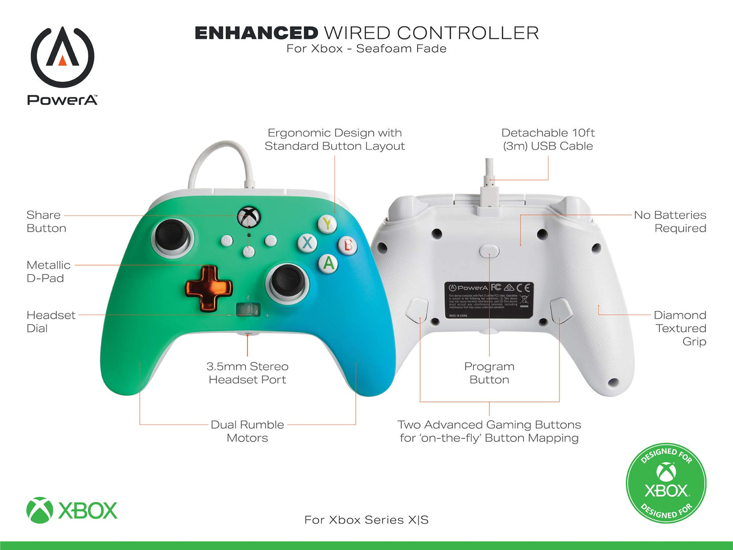 PowerA Enhanced Wired Gaming Controller for Xbox & PC - Seafoam Fade, Officially Licensed