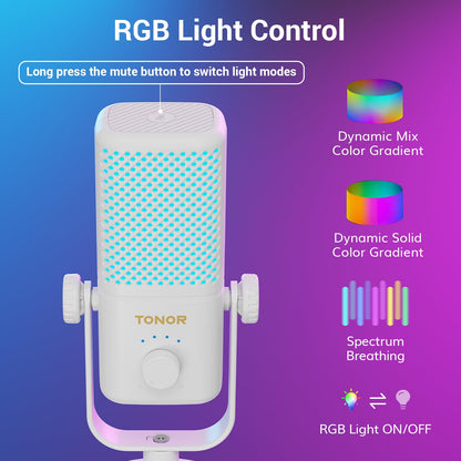 TONOR RGB Gaming Microphone with Gain Control, Quick Mute, 30H Battery Life, 7.48x5.31x4.53IN, White, Model TCX3