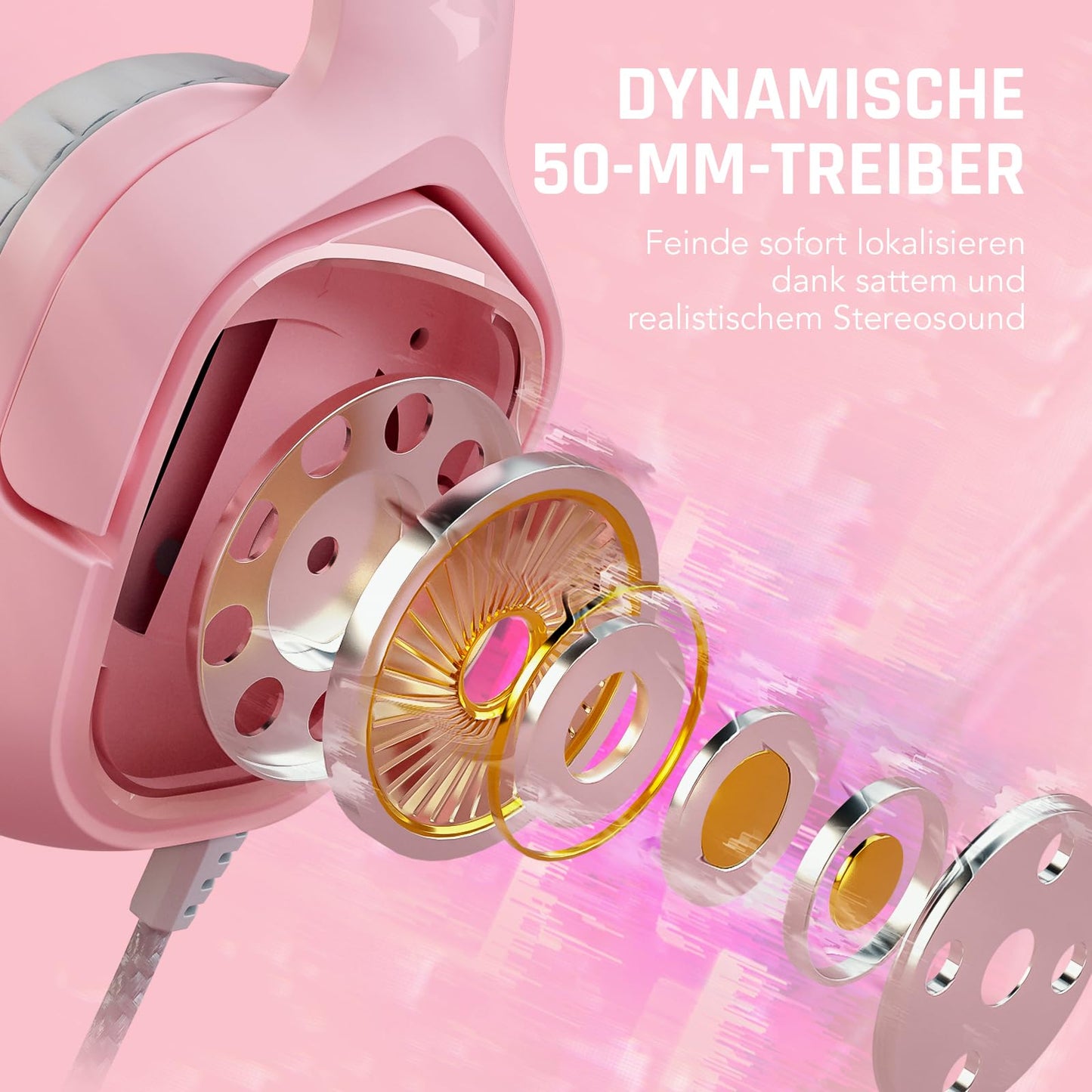 Black Shark Gaming Headset BS-X1 - Pink, 50mm Drivers, Noise Isolation, Bendable Mic for PC, PS4, PS5, Switch