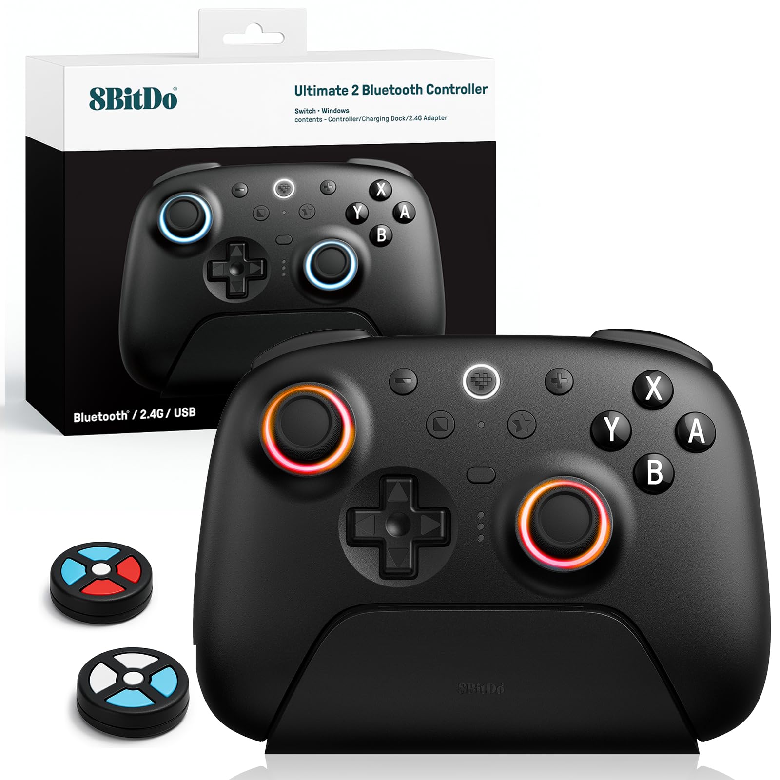 8Bitdo Ultimate 2 Bluetooth Controller (TMR Joystick Update)  RGB Fire Ring  Switchable Hall Effect/Tactile Triggers  Vibration and Motion Control for Switch/Switch 2  Windows PC (Black)
