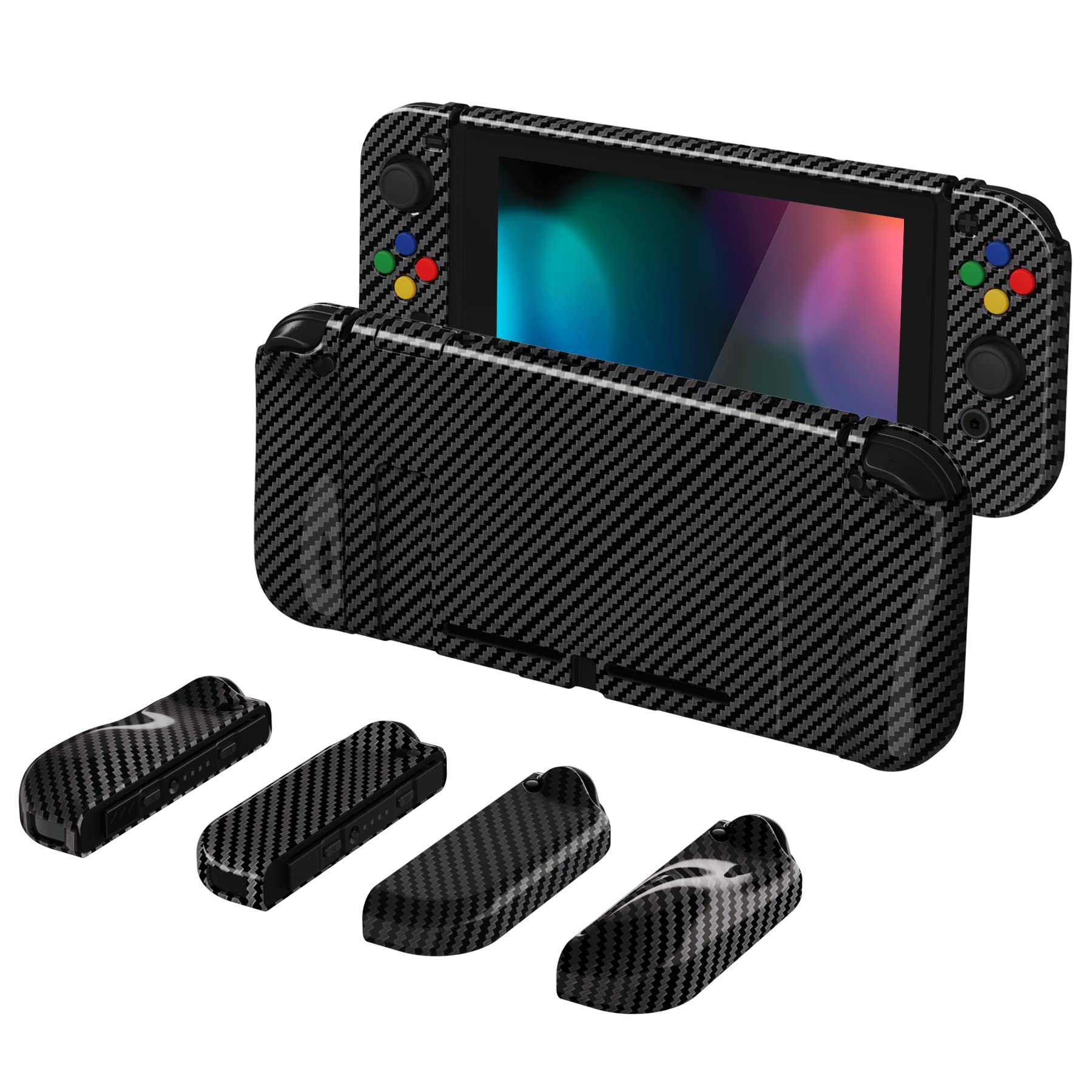 PlayVital AlterGrips Ergonomic Grips Cover for Nintendo Switch  [2 Design] Interchangeable Comfort Dockable Protective Case with Screen Protector & Thumb Grip Buttons Caps - Graphite Carbon Fiber