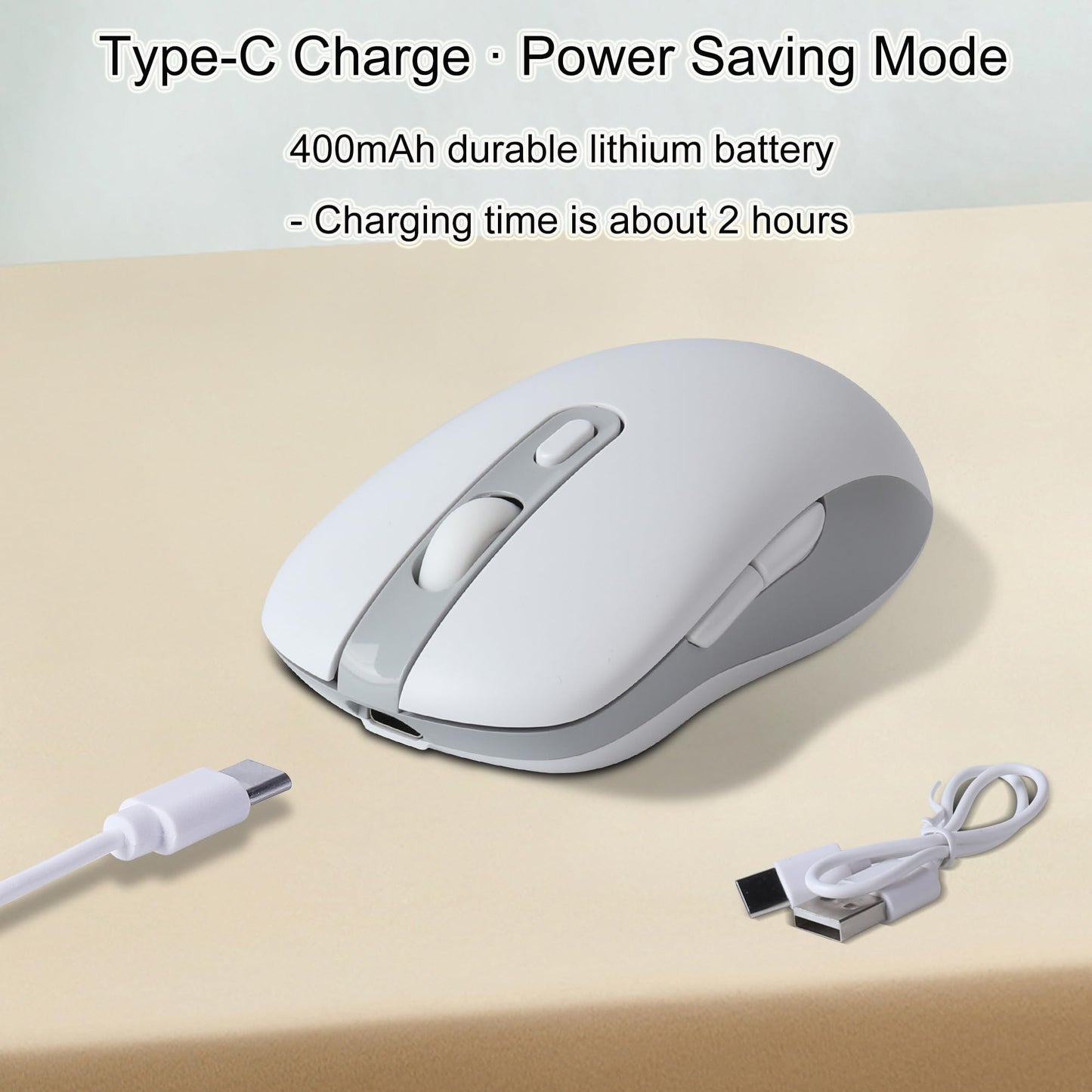 elec Space Wireless Mouse - Dual Mode Type-C Rechargeable Bluetooth, 2.4G, 800-1600 DPI, 3 Device Connection, White