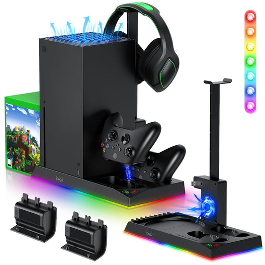 RGB Charging Stand with Cooling Fan for Xbox Series X Console &Controller Dual Charger Station Cooler System Accessories with 15 RGB Light 2x1400mAh Rechargeable Battery Headphone stand Game Disc Slot