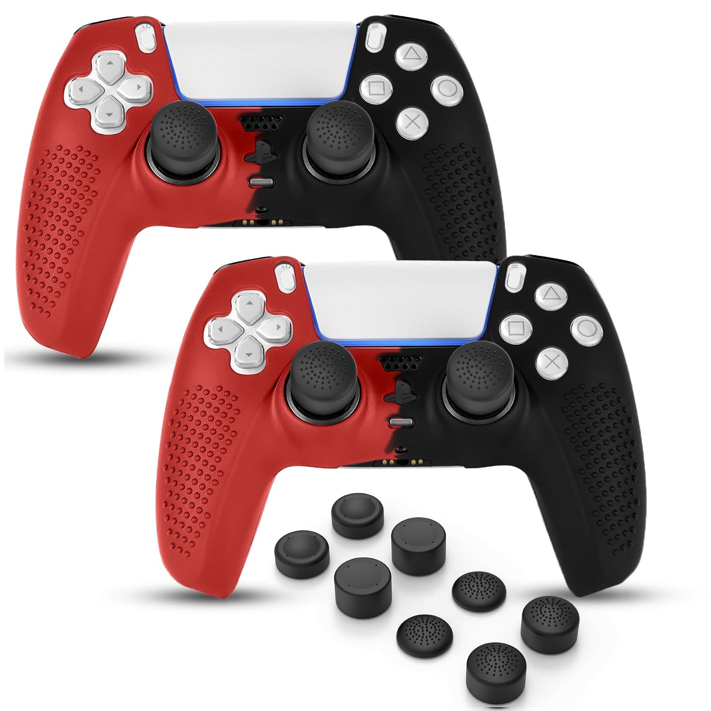 FAMOMI PS5 Controller Skin  Anti-Slip Soft Silicone Protective Cover Case for PlayStation 5 Controller Grip Accessories  2 Pack with 8 x Thumb Grip Caps (Black&Red)