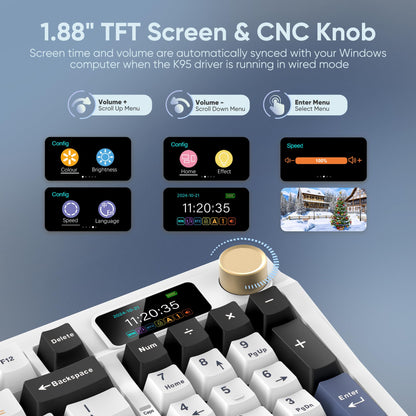 RedThunder K95 Wireless Mechanical Keyboard - TFT Screen, Tri-Mode BT5.0/2.4GHz/USB-C, RGB, Snowy White-Blue