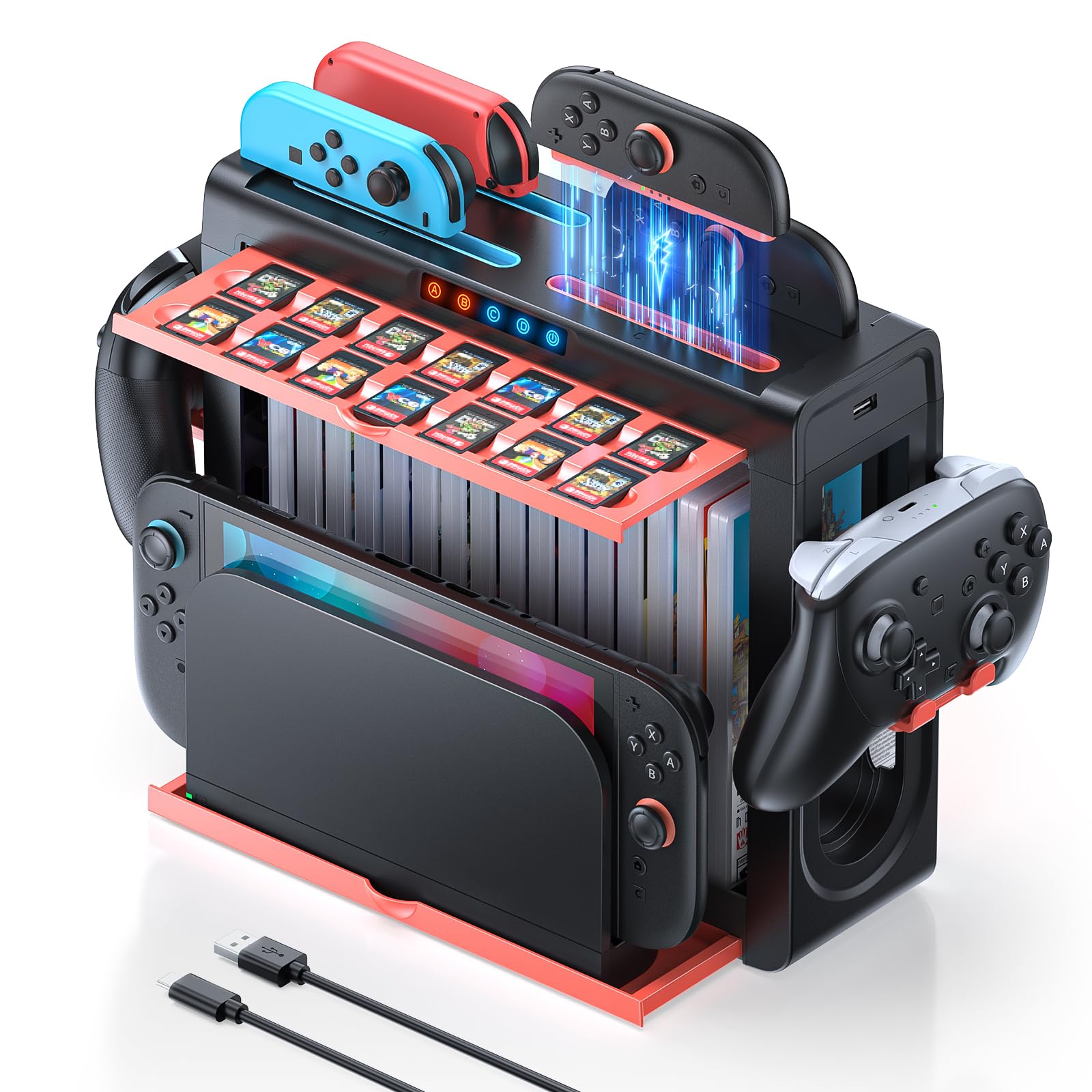 [Switch 2/1 Compatible]Organizer and Charging Station for Nintendo Switch 2  Charger Dock for Joycon 2/1  Retractable Storage Stand for Switch2 Console  16 Game Disc  14 Game Cards  for Pro Controller