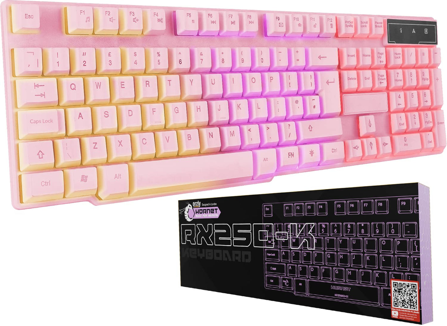 Orzly Pink Gaming Keyboard RGB USB Wired Rainbow Keyboard Designed for PC Gamers  PS4  PS5  Laptop  Xbox  Nintendo Switch  RX-250 Hornet Edition