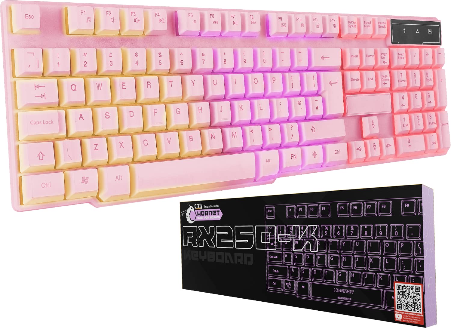 Orzly Pink Gaming Keyboard RGB USB Wired Rainbow Keyboard Designed for PC Gamers  PS4  PS5  Laptop  Xbox  Nintendo Switch  RX-250 Hornet Edition