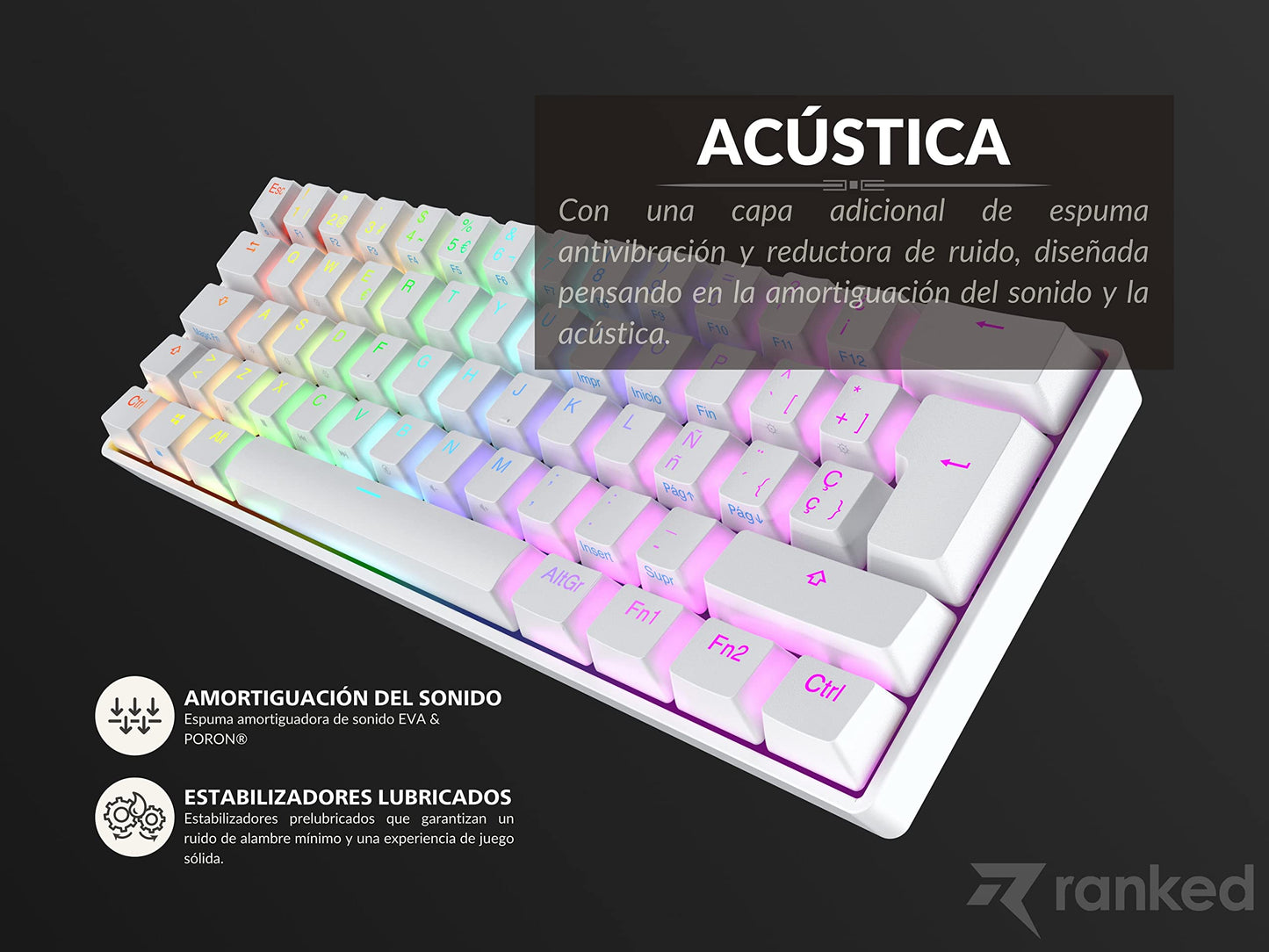 Ranked Supernova 60% Mechanical Gaming Keyboard - Hot Swappable, 62 Keys, RGB LED, ISO ES Spanish Layout, White, Gateron Optical Brown
