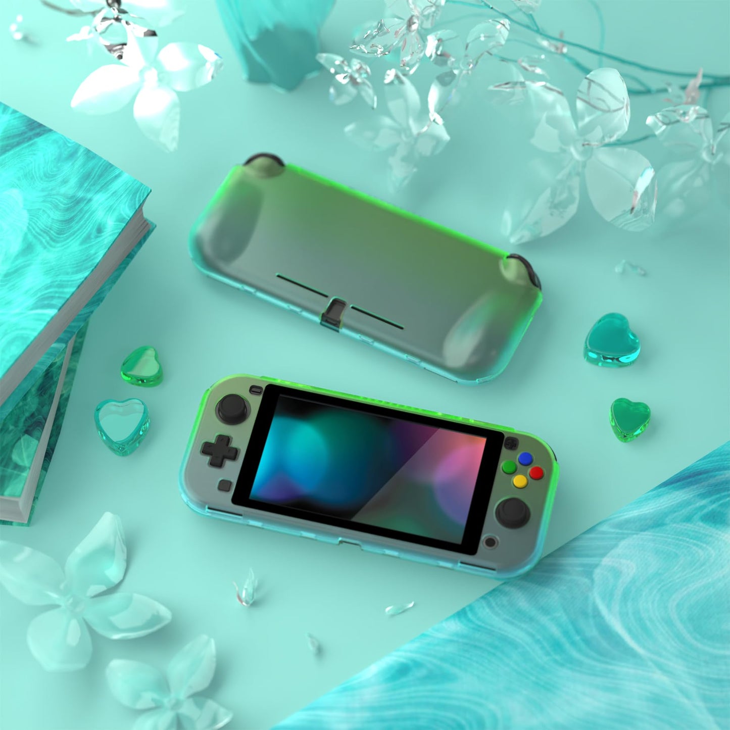 PlayVital ZealProtect Case for Nintendo Switch Lite - Ergonomic Grip, Shock-absorbent, Gradient Translucent Green Blue, Model PSLYP3013