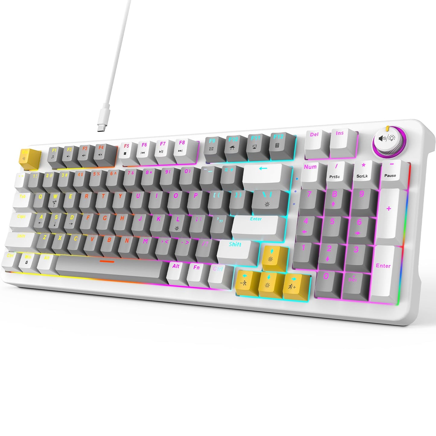 MOFII AK96 Mechanical Gaming Keyboard  Full Keys LED Backlit Programmable  Plug and Play USB A/C Wired Computer Custom Keyboard with Sound/Light Control Knob for Win/Mac - Gray & White