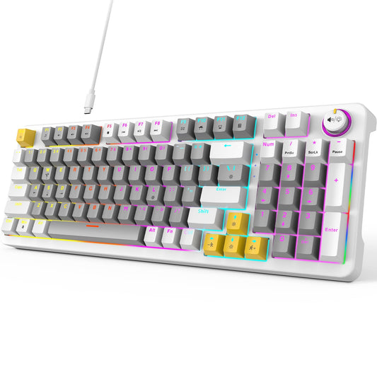 MOFII AK96 Mechanical Gaming Keyboard  Full Keys LED Backlit Programmable  Plug and Play USB A/C Wired Computer Custom Keyboard with Sound/Light Control Knob for Win/Mac - Gray & White