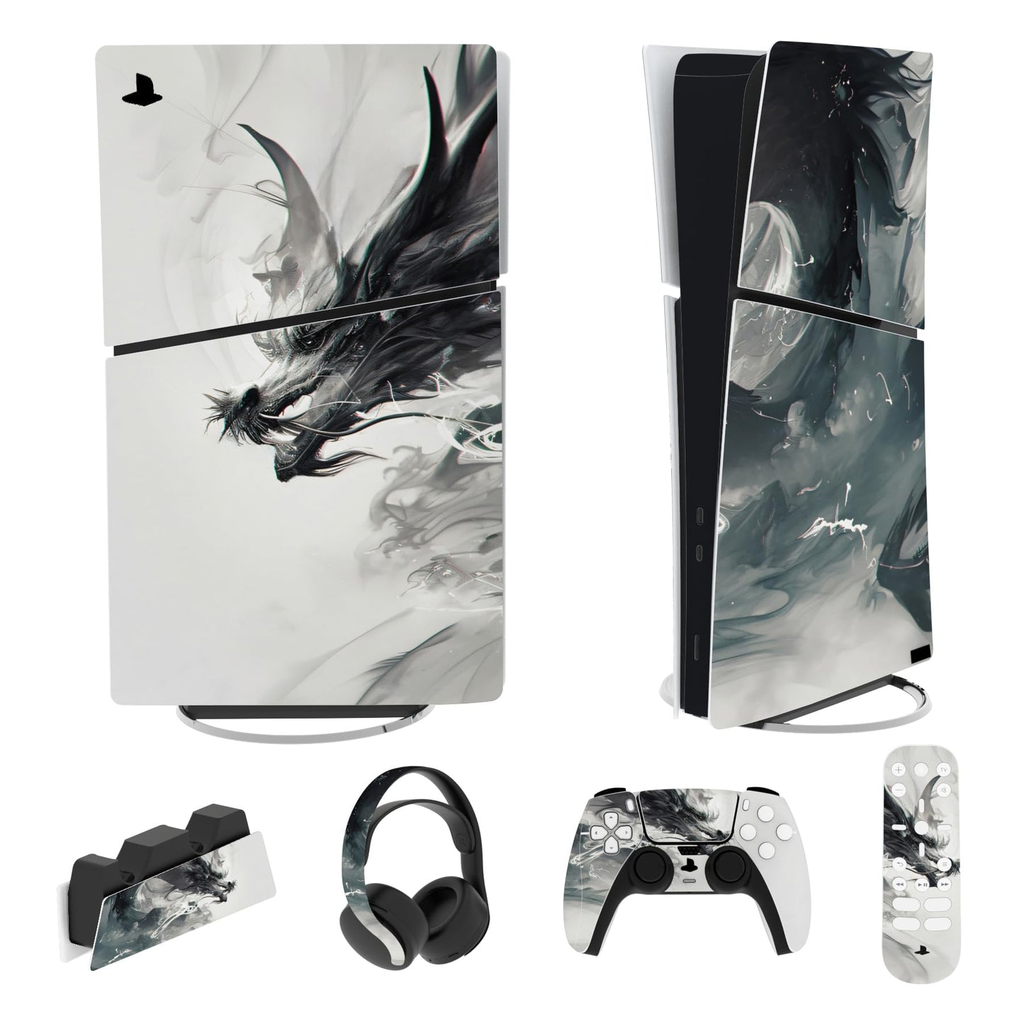 PlayVital Full Set Skin Sticker for ps5 Slim Console Digital Edition (The New Smaller Design)  Vinyl Skin Decal Cover for ps5 Controller & Headset & Charging Station & Media Remote - Ink Spirit Dragon