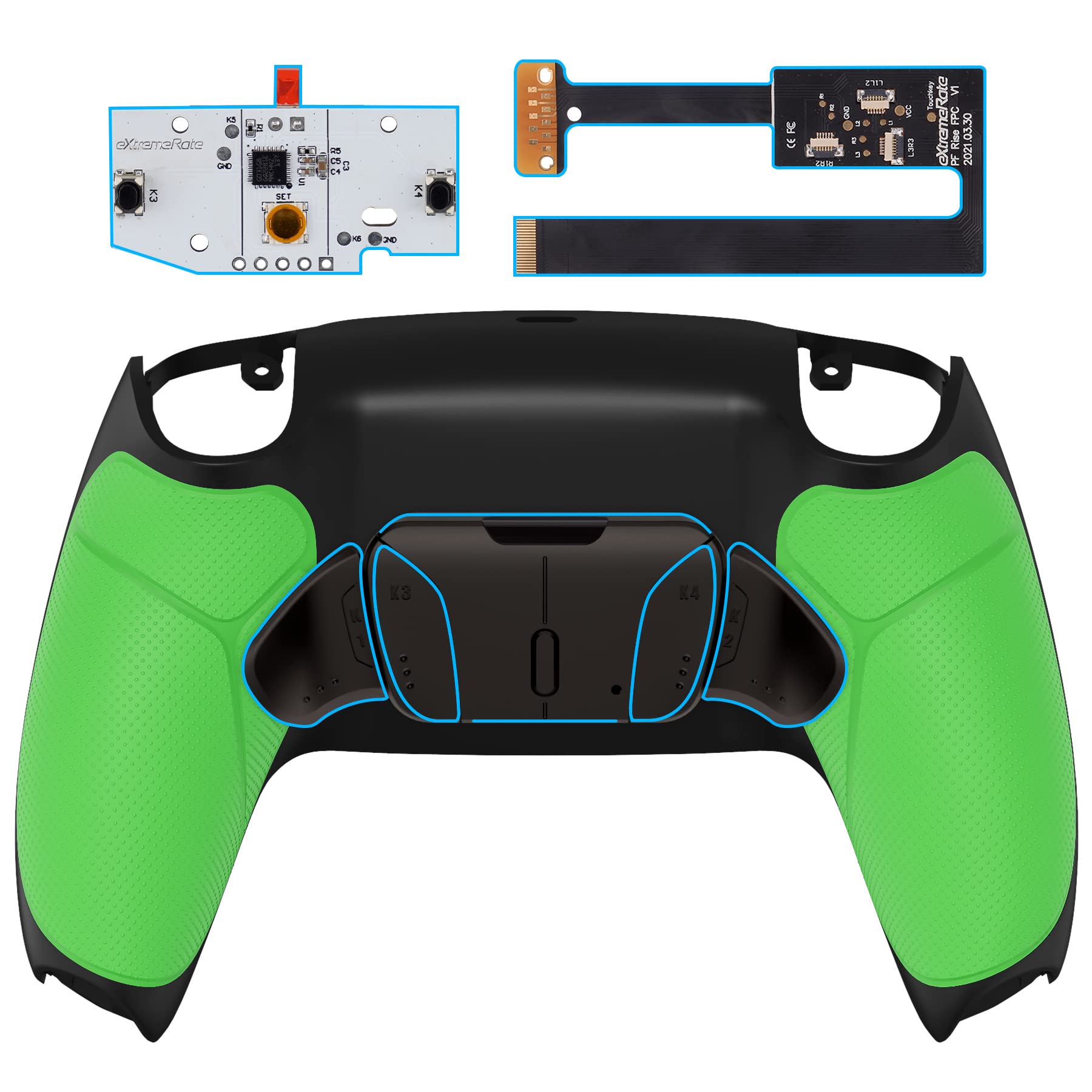 eXtremeRate Black Real Metal Buttons (RMB) Version RISE4 Remap Kit for PS5 Controller BDM-010 020 w/Green Rubberized Grip Black Redesigned Back Shell  Upgrade Board  4 Back Buttons for PS5 Controller