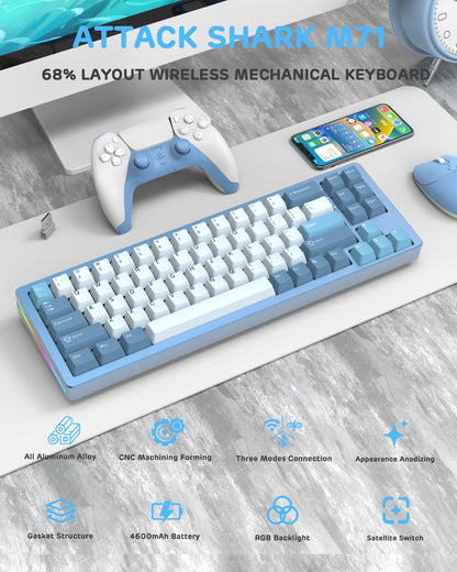 ATTACK SHARK M71 Wireless Mechanical Keyboard, 75% TKL, RGB LED, BT5.0, Hot-swap, Linear White Switch, 13.78in, Gasket Mount