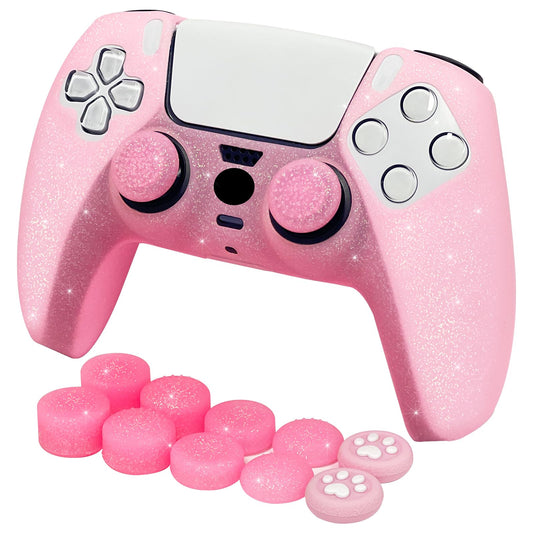 HLRAO Pink Glitter Anti-Slip Protective Silicone Cover Skin Grips Compatible with PS5/Slim/Pro Controller 8 PCS Glitter Thumb Grips Caps and 2 Grips Caps. (Glitter Pink)