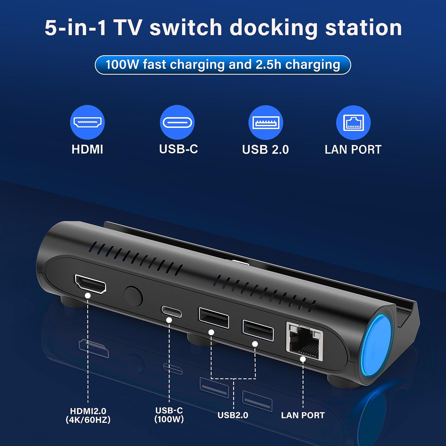 rapell TV Dock Station for Nintendo Switch/OLED - LAN Port, HDMI Adapter, USB 3.0 - Model W101DA