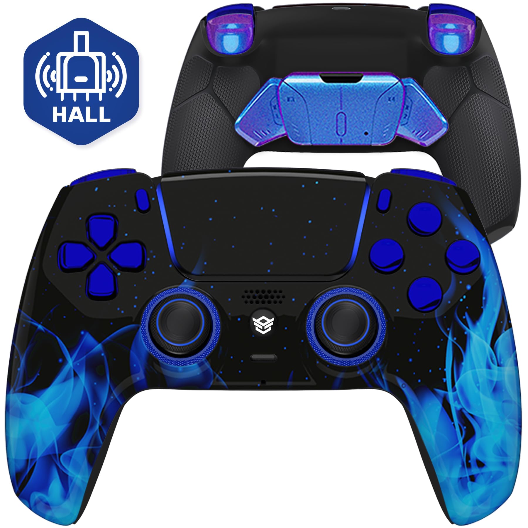 HEXGAMING RIVAL PRO Hall Effect Wireless Controller Compatible with ps5-4 Back Buttons  Mouse-Click Hair Triggers  Interchangeable Thumbsticks - Blue Flames
