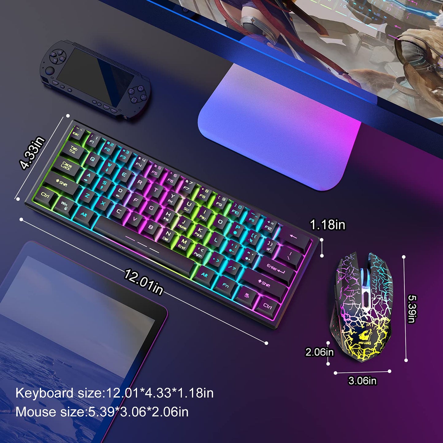 LexonElec T61 Mini 68 Keys RGB Mechanical Gaming Keyboard, Anti-Ghosting, Type C, Black Rainbow, 128 PBT Keycaps, Lightweight Gaming Mouse