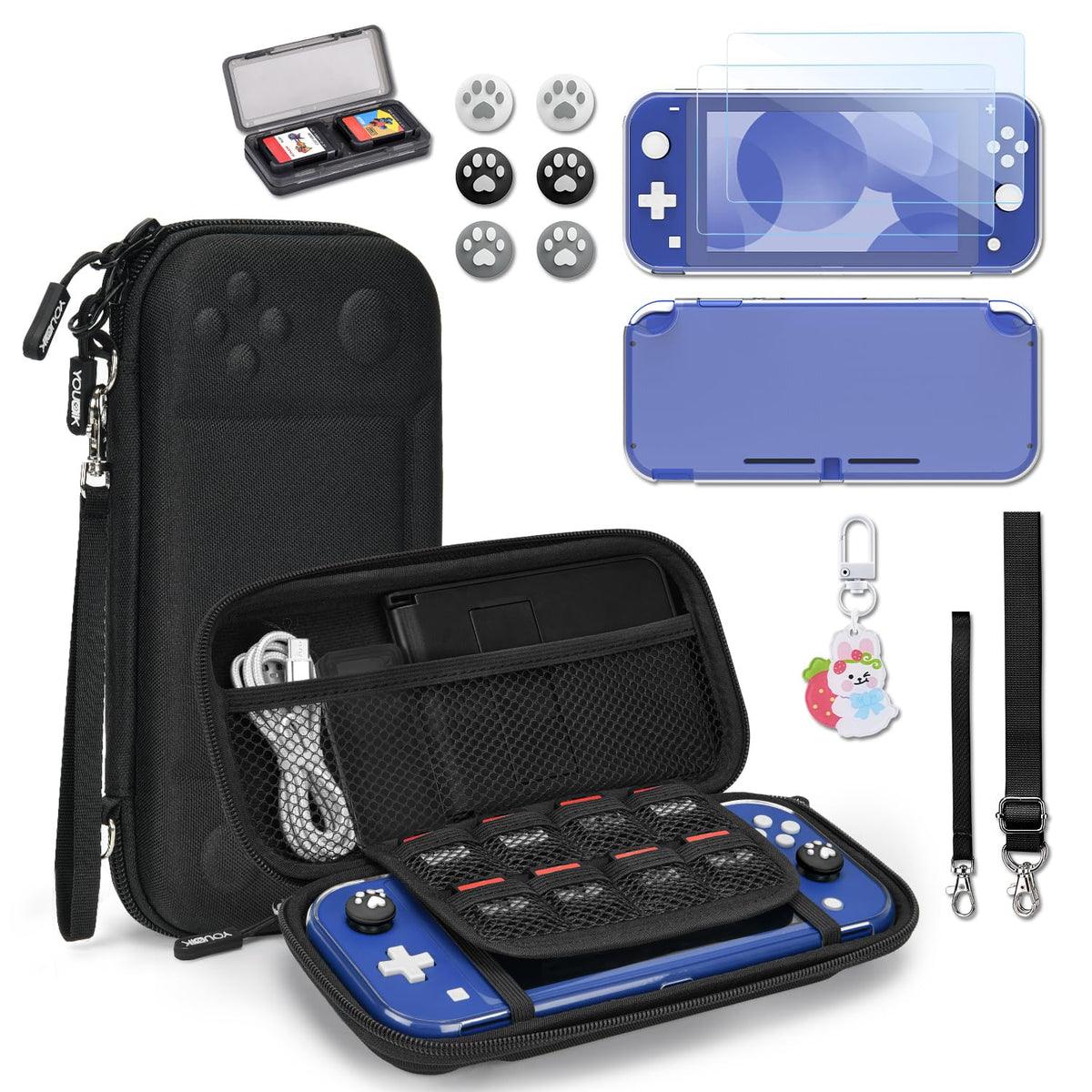 Younik Switch Lite Case  Portable Switch Lite Carrying Case  14 in 1 Accessories Kit with Carrying Case  Protective Cover  Game Card Case  Screen Protectors  Thumb Grips  Pendant and straps (Black)
