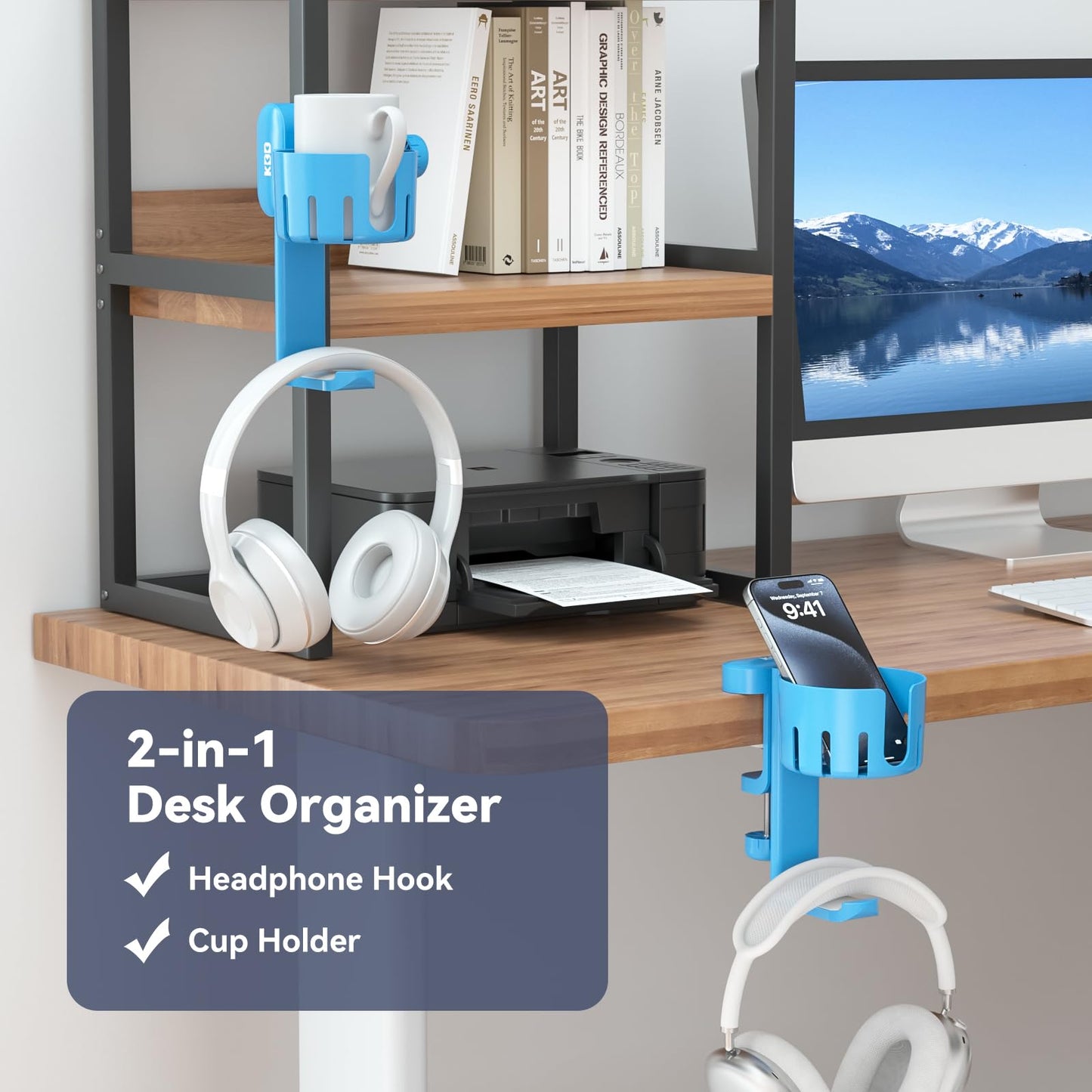KDD 2 in 1 Headphone Hanger & Desk Cup Holder - Rotatable Under Desk Clamp - Blue - Model 790-FUTI