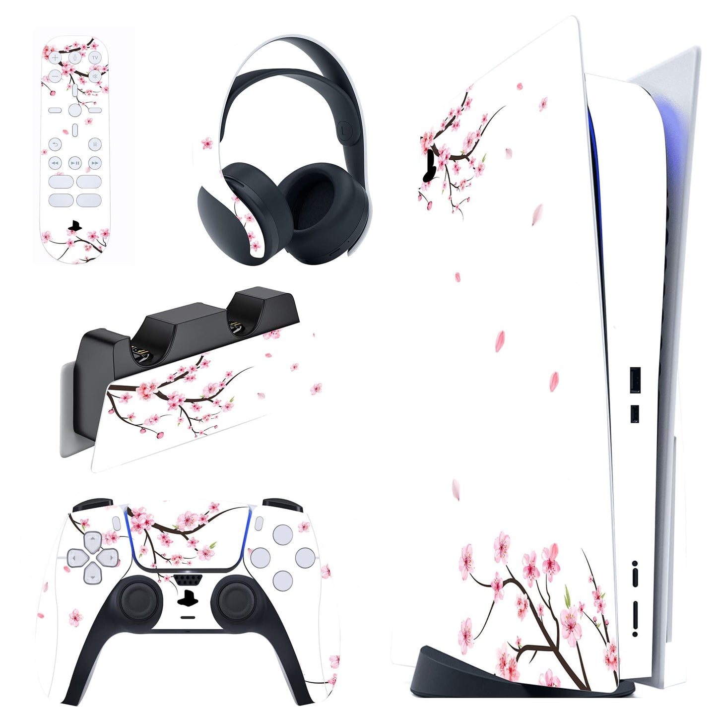 PlayVital Skin Decal for ps5 Console Disc Edition  Full Set Sticker Wrap Vinyl Decal Cover for ps5 Controller & Charging Station & Headset & Media Remote - Falling Cherry Blossom