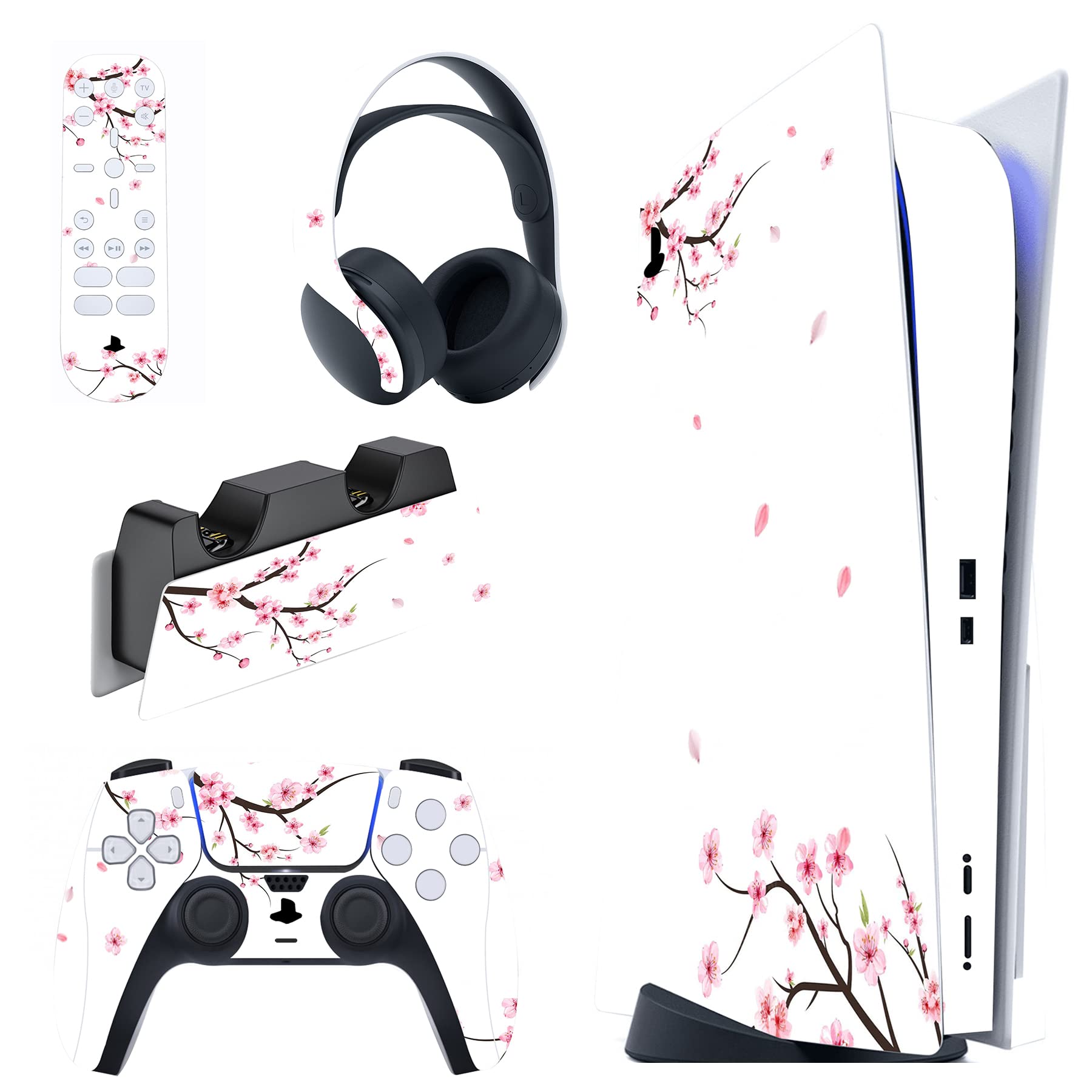 PlayVital Skin Decal for ps5 Console Disc Edition  Full Set Sticker Wrap Vinyl Decal Cover for ps5 Controller & Charging Station & Headset & Media Remote - Falling Cherry Blossom