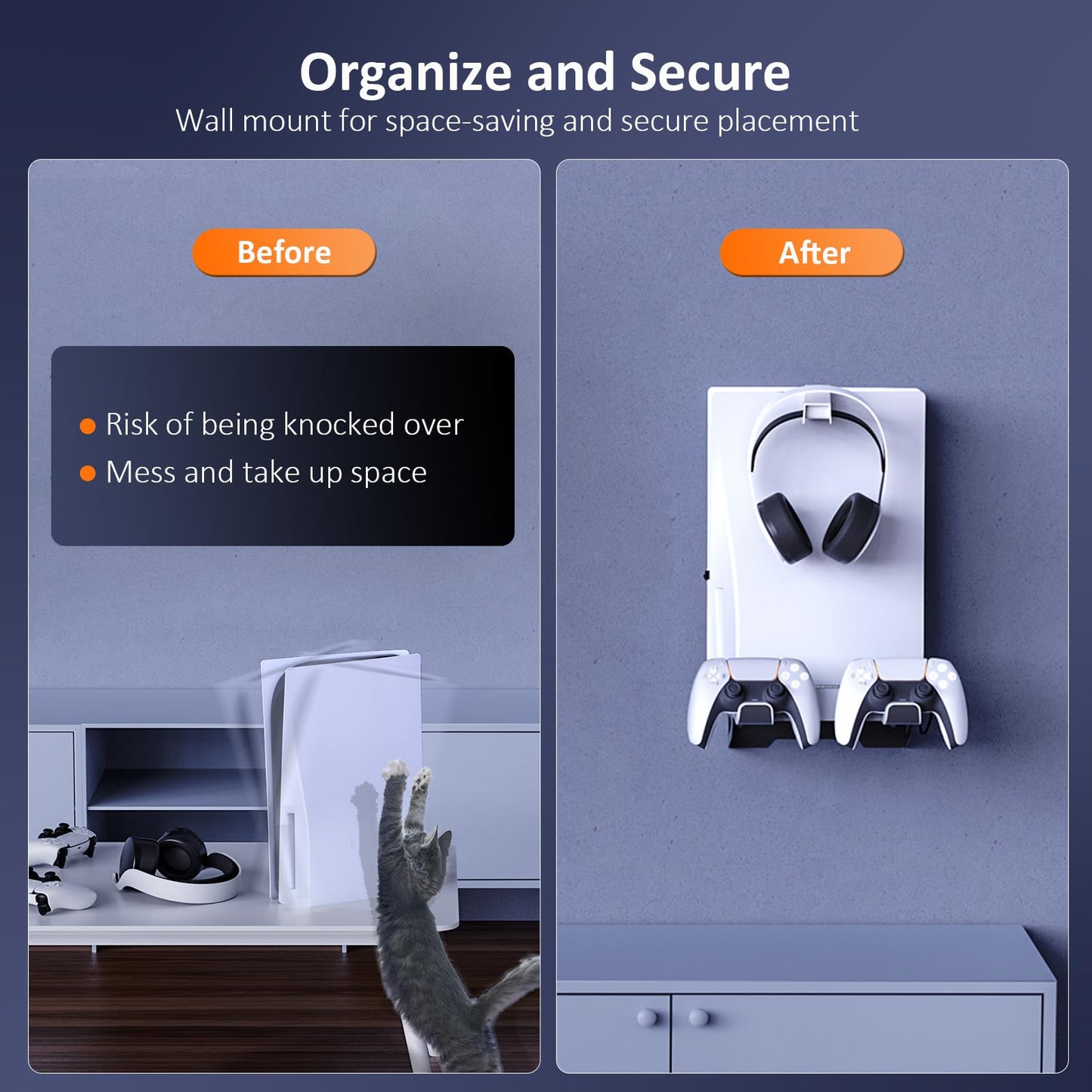 NexiGo PS5 Wall Mount Kit with Charging Station & Dual Controller Chargers - Steel Stand, Headphone Hanger, Compatible with PS5 (White)