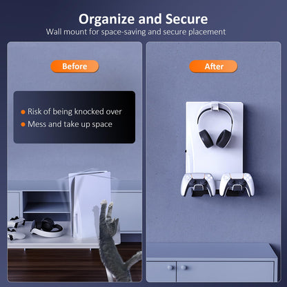 NexiGo PS5 Wall Mount Kit with Charging Station & Dual Controller Chargers - Steel Stand, Headphone Hanger, Compatible with PS5 (White)