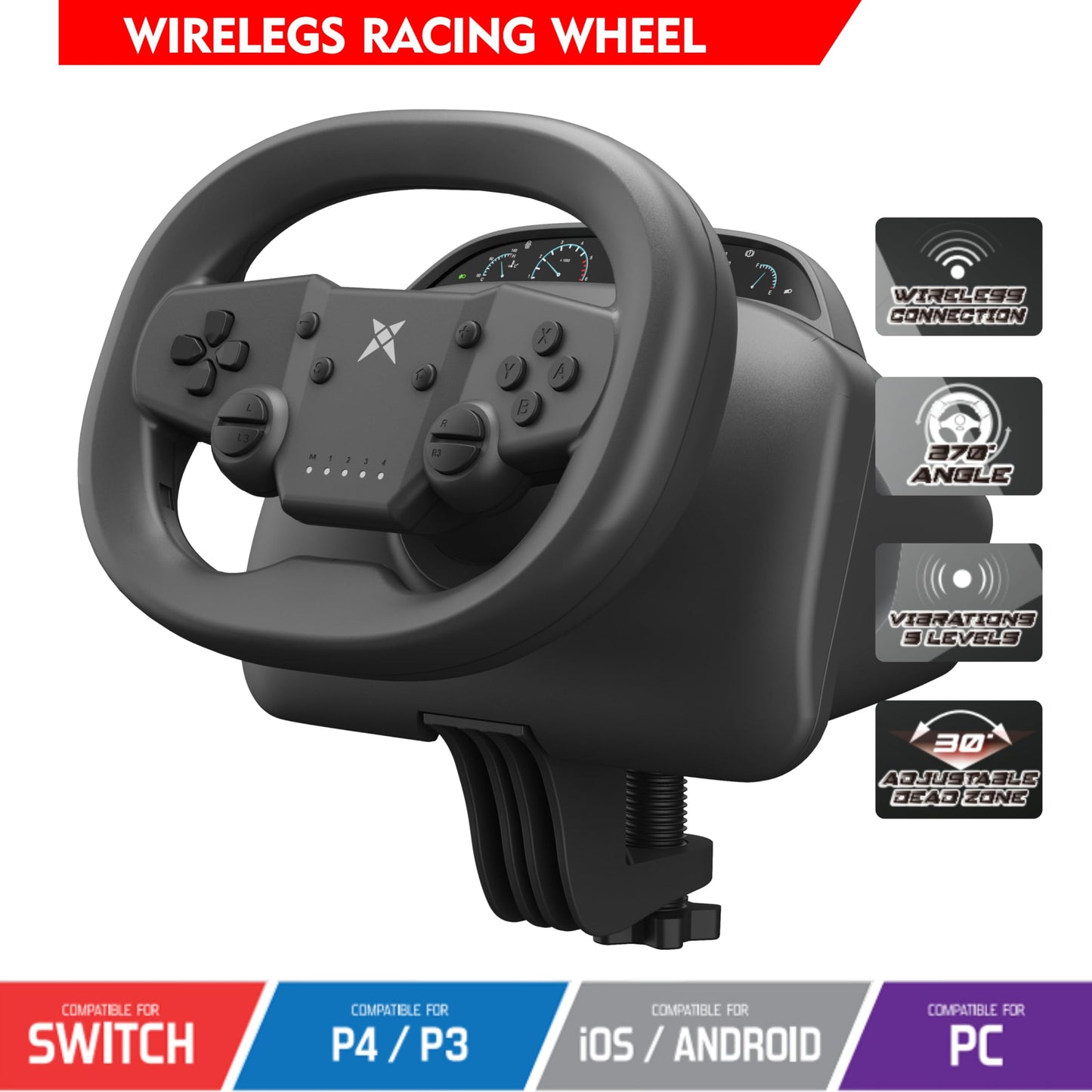 DOYO Gaming Steering Wheel, 270° Wireless Racing Wheel with Dual-Vibration for PS4, PC, Switch - Black, Model KT820D-Pedal