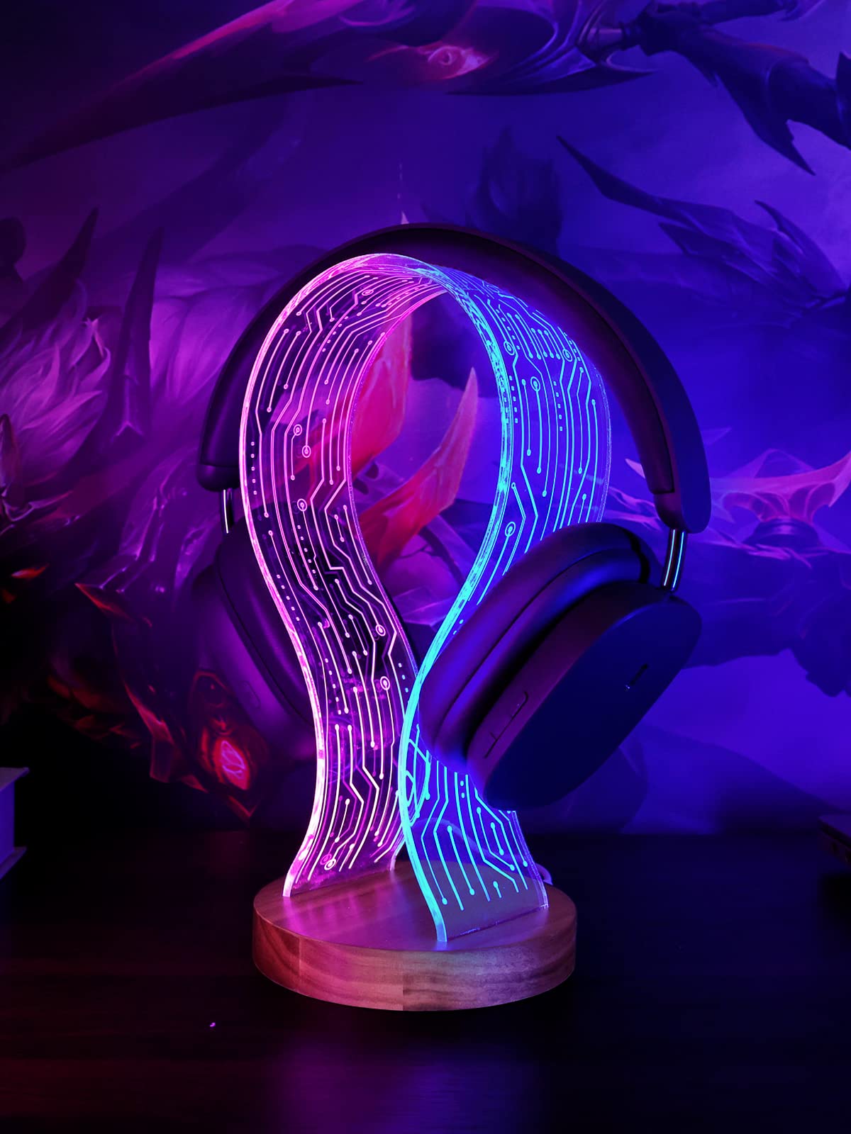 YuanDian Headphone Stand  Walnut Wood Headset Holder with Blue Pink LED Night Light for Gamers  Men  and Music Lovers - Perfect Desk Gift Idea