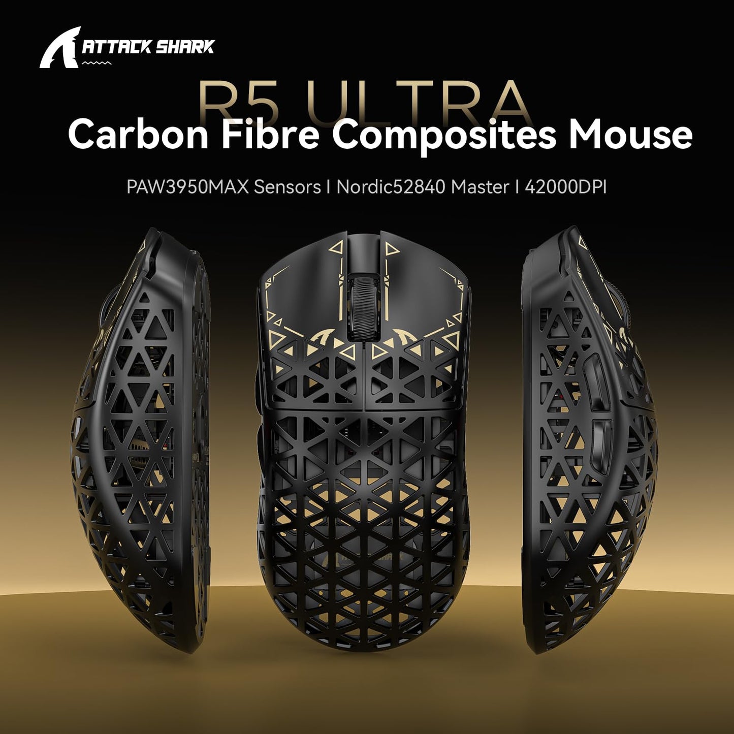 ATTACK SHARK R5 Ultra Carbon Fiber Wireless Gaming Mouse - 39g Superlight, 8K Polling, 42K DPI, Tri-Mode, Black