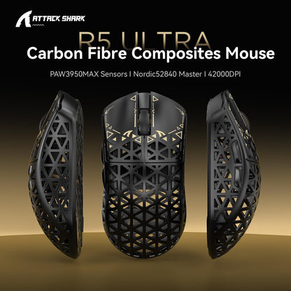ATTACK SHARK R5 Ultra Carbon Fiber Wireless Gaming Mouse - 39g Superlight, 8K Polling, 42K DPI, Tri-Mode, Black