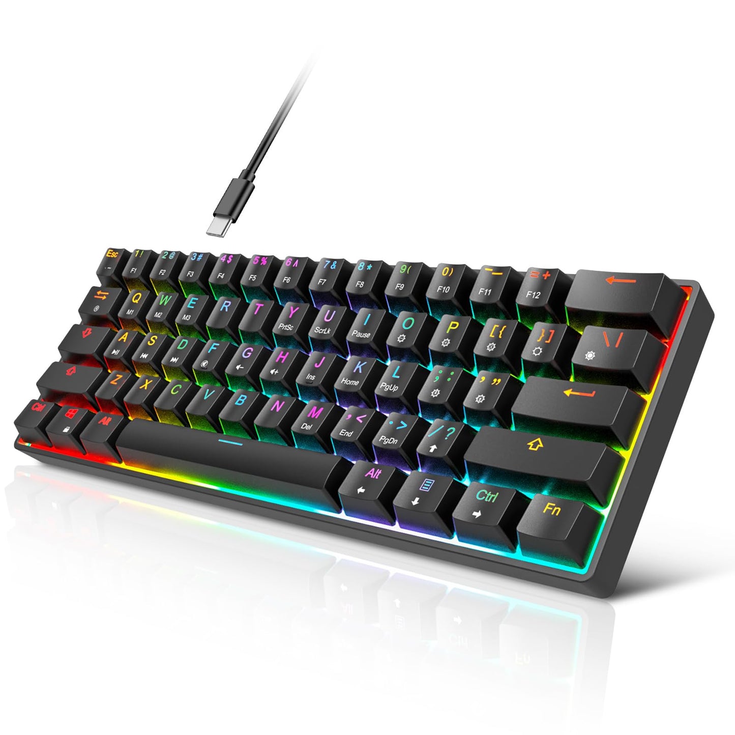 targeal 60% Mechanical Gaming Keyboard - 61 Keys Yellow Switch Quiet Office Computer Keyboard - Multi Color RGB Rainbow Led Backlit - Programmable for PC/Windows/Mac/Gamer - USB Wired - Black