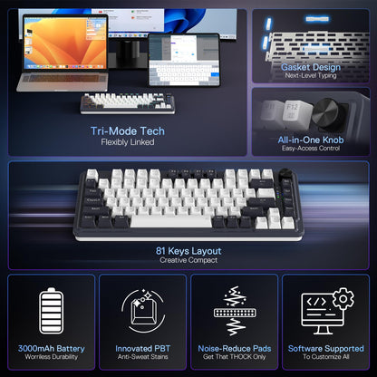 Redragon K673 PRO 75% Wireless Mechanical Keyboard - 81 Keys, RGB, Gasket Design, Abyssal Blue, Hot-Swap, Linear Red Switch