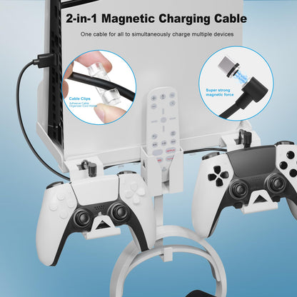 JOYTORN Wall Mount Kit for Mini PS5 Slim - Controller Holder, Headset Stand, Charging Cable - White, Model P5179