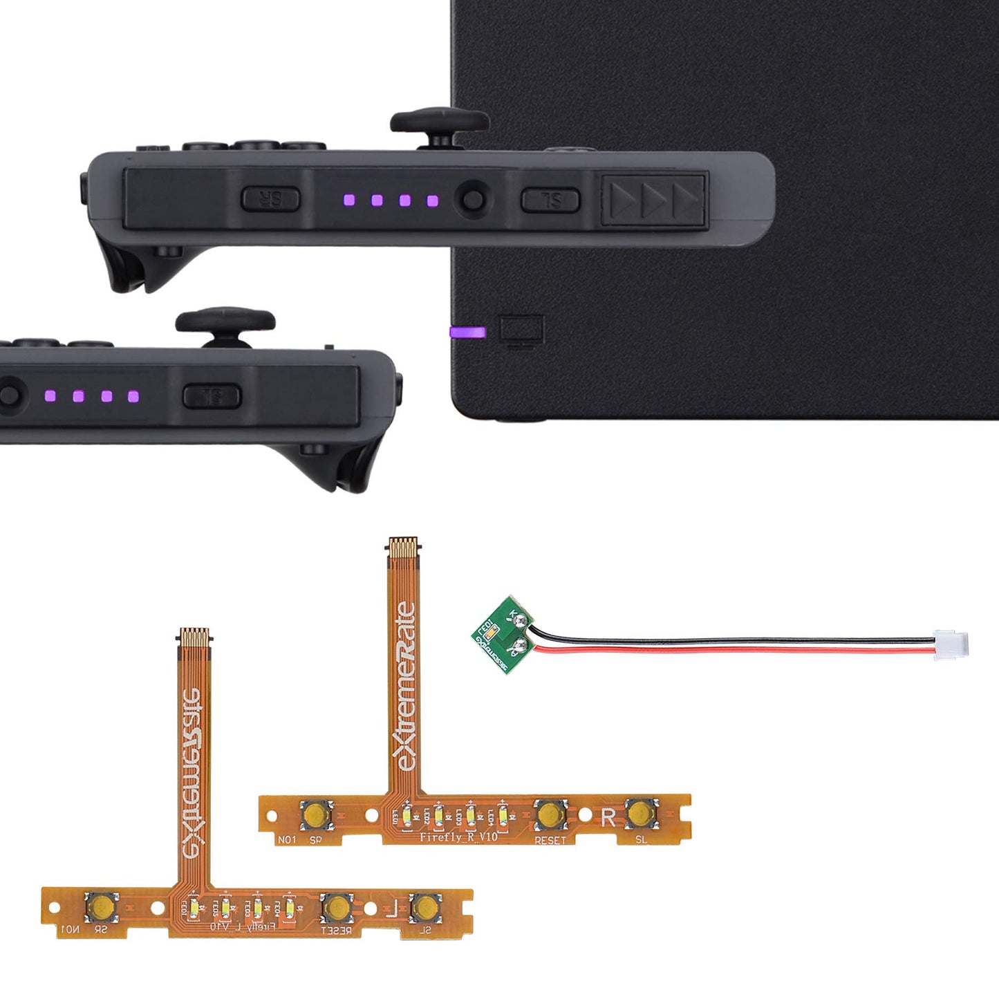 eXtremeRate Firefly LED Tuning Kit for Nintendo Switch Joycons - Violet, Model NSLED009, Includes Power LED Indicator