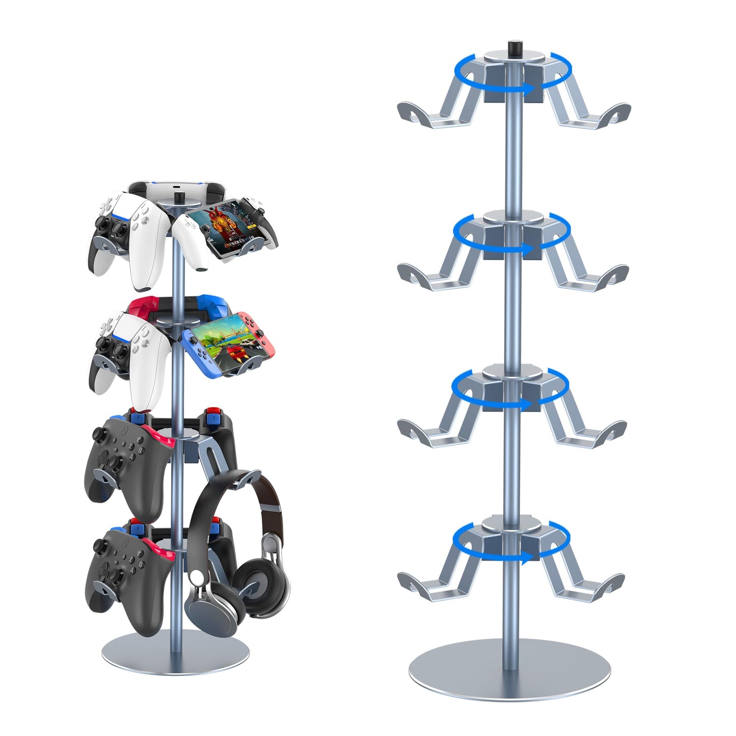 DGPCT 4-Tier Rotatable Game Controller Stand for PS5, Xbox, Nintendo Switch - Grey Aluminum Alloy Headset Holder Organizer