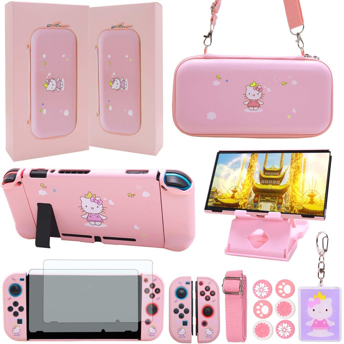 GUTIAL Accessories Bundle for Nintendo Switch - Cute Kawaii NS Accessories kit for Grils Boys Kids with Travel Carrying Case and Cartoon Dockable Protective Cover Case  Screen Protector  Stand - Pink